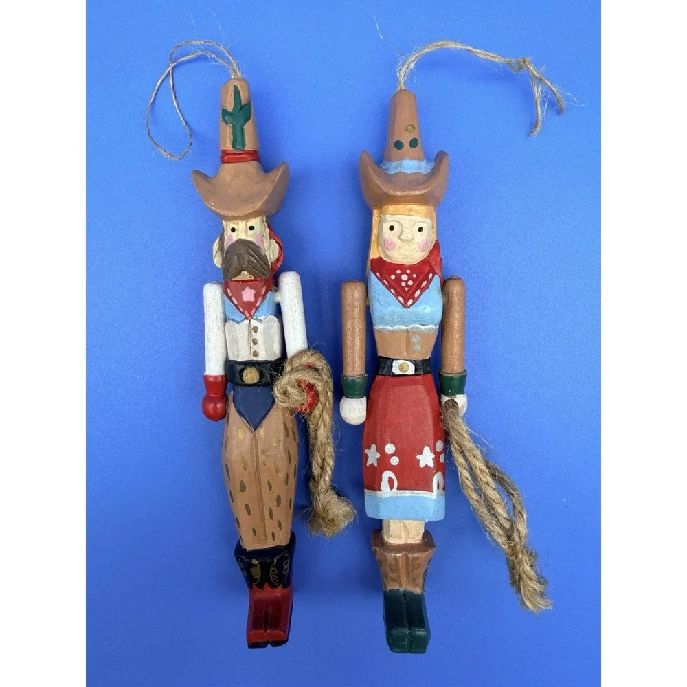Vintage Wood Cowboy Cowgirl Christmas Ornaments Pair Western Folk Art Rope